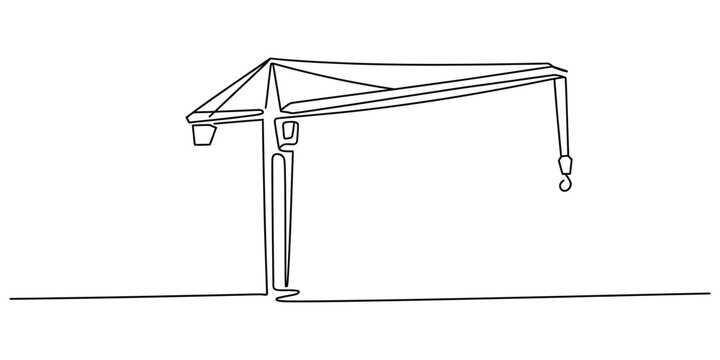 Continuous line art drawing of a modern construction tower crane