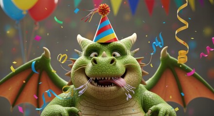 A whimsical and festive birthday celebration with a cheerful cartoon dragon character wearing a