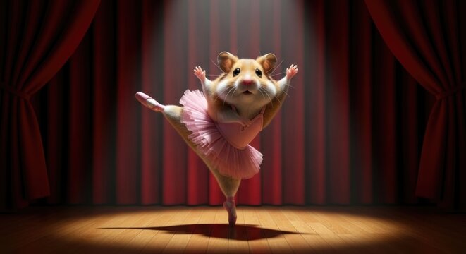 Fototapeta Adorable hamster ballerina performs graceful dance under spotlight on theater stage