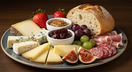 Assortment of gourmet cheese, meats, fruits, and spreads artfully arranged on a platter