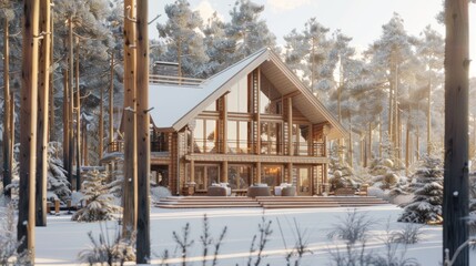 Cozy Wooden a Frame Cabin in Snowy Forest During Sunset