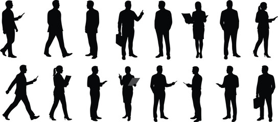 Silhouette of business men and women standing, walking, talking, and using digital devices, teamwork communication concept, isolated black vector illustration
