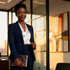 elegant, alluring, professional, beautiful business afircan woman model, portrait, posing calmly while looking directly at us, business backdrop