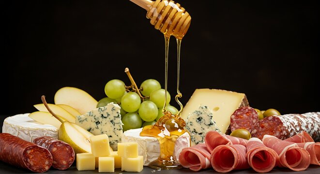 Assortment of gourmet cheeses, fruits, and meats with honey dripping onto a soft cheese