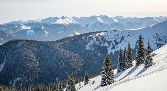 Snowy mountain range with evergreen trees and a clear blue sky on a sunny winter day - Powered by Adobe