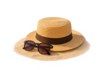 Straw hat with a dark band and black sunglasses lying on a patch of sand, representing leisure, beach trips, and sunny weather