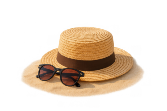 Straw hat with a dark band and black sunglasses lying on a patch of sand, representing leisure, beach trips, and sunny weather