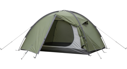 Green camping tent set up outdoors.