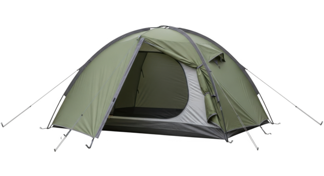 Green camping tent set up outdoors.