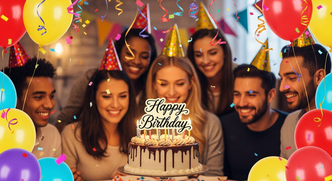 Happy friends and family smiling together at a fun birthday celebration party