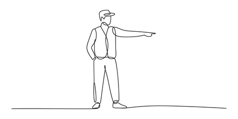 Continuous line drawing of a person giving directions or guidance.
