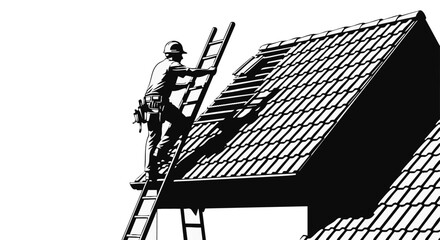 A construction worker climbs a ladder to repair a roof, emphasizing the importance of home maintenance and safety procedures.