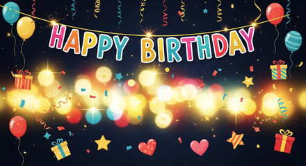 Happy birthday celebration card with neon light sign illustration text design and winter holiday decoration