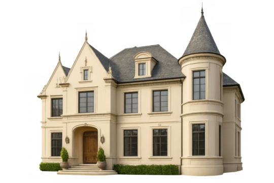 Elegant luxury residential house exterior with classical architecture and turret, providing spacious home living on transparent background