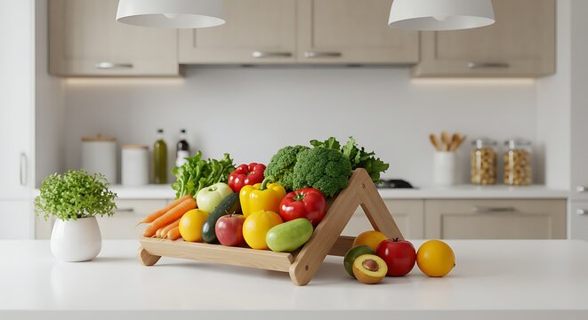 Assortment of fresh fruits and vegetables arranged in a wooden crate on a kitchen countertop - Powered by Adobe