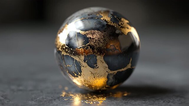 スレート色の台上で金継ぎの陶器球が琥珀の釉色を透かし静かに光を返す