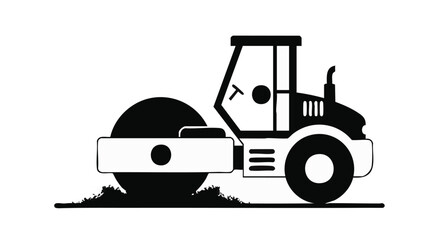 Fototapeta premium A black and white illustration depicts a road roller compacting the ground, symbolizing construction and infrastructure development on a white background.
