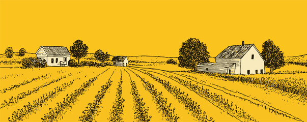 Obraz premium A yellow and brown drawing of a farm with two houses and a barn. The houses are small and the barn is old. The field is full of crops