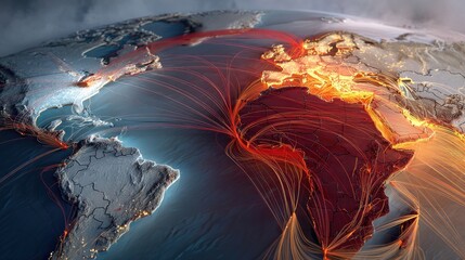 Global Network Map Visualization with Colorful Data Connections Over Continents Showcasing International Trade and Communication Lines