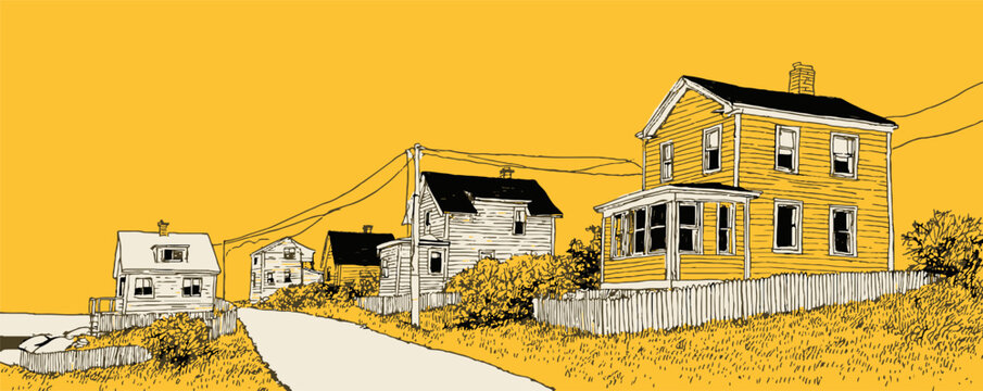 A yellow and orange drawing of a small town with houses and a road. Scene is peaceful and quiet