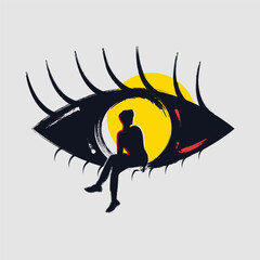 Modern abstract illustration featuring a silhouette figure inside a bold brushstroke eye with a vibrant yellow background