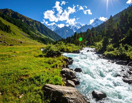 A vibrant mountain landscape featuring a flowing river, green valley, and snow-capped peaks under a bright sun