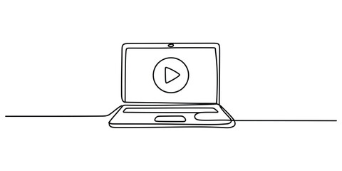 Continuous line art drawing of a laptop with video play button icon