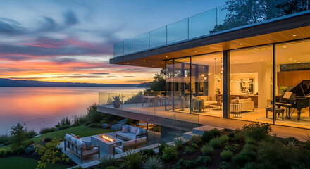 Captivating modern architectural masterpiece with expansive glass overlooking a serene lake at a breathtaking sunset, offering luxurious waterfront living and unparalleled panoramic views