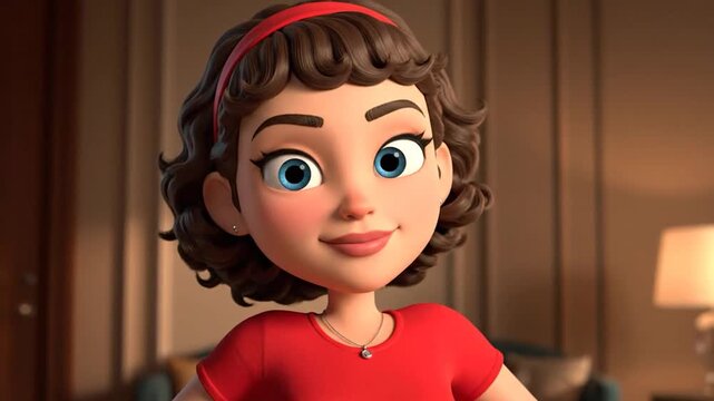 A cartoon female character with curly brown hair, a red headband, and a red shirt smiles