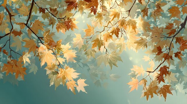 Golden autumnal foliage hangs down against a cool, diffused sky background