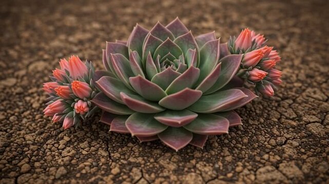 Echeveria Succulent with Flowers on Cracked Dry Earth