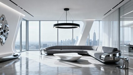 futuristic minimalistic living room, sleek design