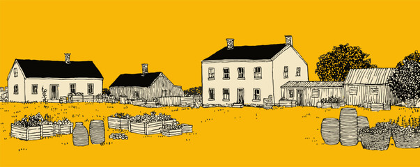 A yellow background with a drawing of a farm with a house, barn, and other buildings. The houses are small and the barn is in the foreground