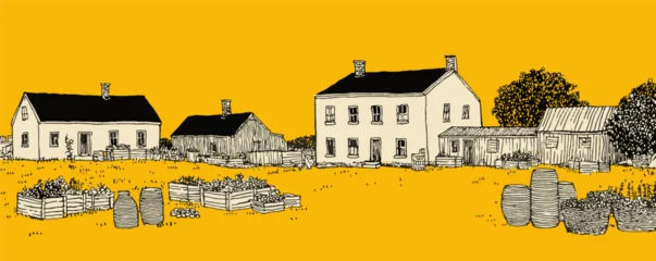 Selbstklebende Fototapeten Bauernhof A yellow background with a drawing of a farm with a house, barn, and other buildings. The houses are small and the barn is in the foreground  © annetdebar
