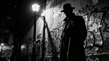dark detective in shadow in graffiti street, black and white noir photography, noir detective