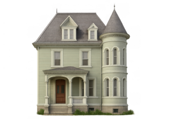 Victorian style house with corner turret, featuring elegant architectural details for suburban or urban real estate concepts