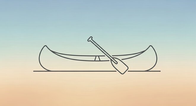 Elegant minimalist canoe with paddle poised for adventure on calm water, evoking serenity and outdoor exploration for serene lifestyle branding and travel marketing