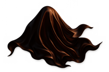 Dark brown silk fabric flowing, covering an invisible body, creating a mysterious and spooky ghost-like shape, transparent background