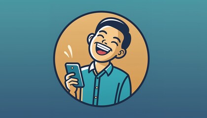 Obraz premium Illustration of happy man with smartphone in vector cartoon style.