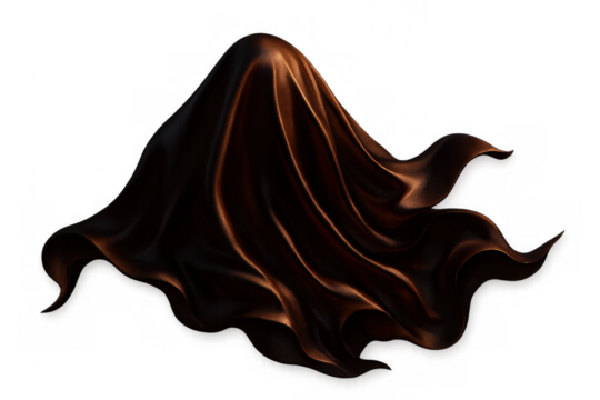 Dark brown silk fabric flowing, covering an invisible body, creating a mysterious and spooky ghost-like shape, transparent background