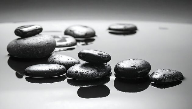 A grayscale photograph showcases smooth, wet, dark stones floating in still water. The stones reflect the water's surface, creating a calm scene