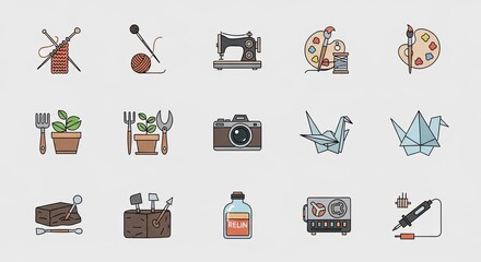 Vibrant collection of modern flat icons celebrating diverse hobbies like crafting, gardening, photography, origami, and art, perfect for creative projects and online content.