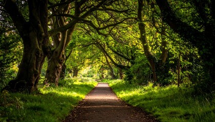 Obraz premium A winding asphalt path is canopied by the sprawling branches of mature trees, sunlight dappling the way forward