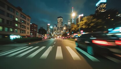 City Night Drive Urban Street, Car, Downtown Skyline