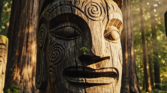 Carved totem statue in the forest.