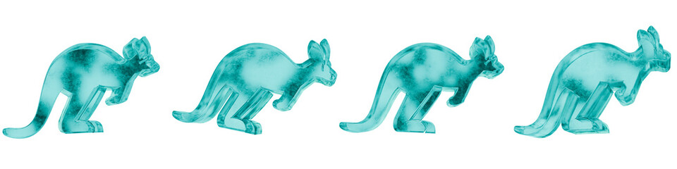 Set of four 3D kangaroo shapes in frosted blue ice glass style, isolated on a transparent background. Glassmorphism icons and 3D elements for modern graphic design.