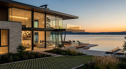 Elegant waterfront architectural masterpiece bathed in the serene glow of dusk, offering breathtaking panoramic views and a tranquil luxurious living experience