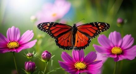 Fototapeta premium A monarch butterfly rests on a vibrant pink cosmos flower in a sunlit garden