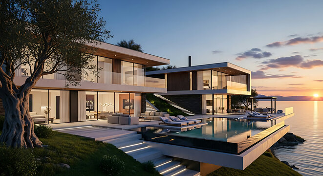 Luxurious modern cliffside villa boasting an exquisite infinity pool and expansive ocean views, perfectly illuminated by a stunning sunset, epitomizing upscale coastal living
