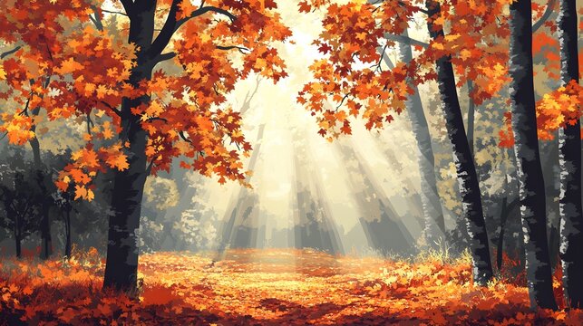 Brilliant orange foliage illuminates a dense woodland path during a sunny autumn morning